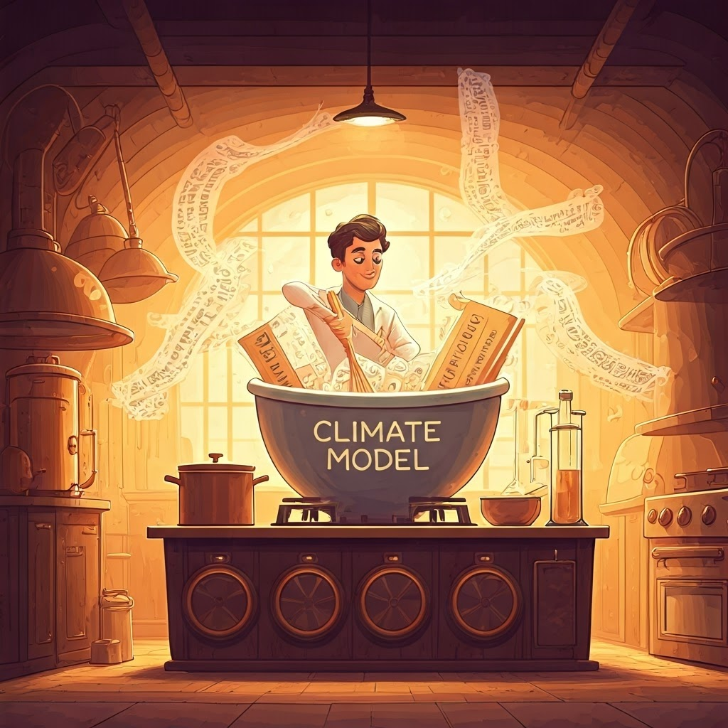 Whimsical kitchen scene where a scientist mixes climate model ingredients, symbolizing how models blend data to forecast futures.