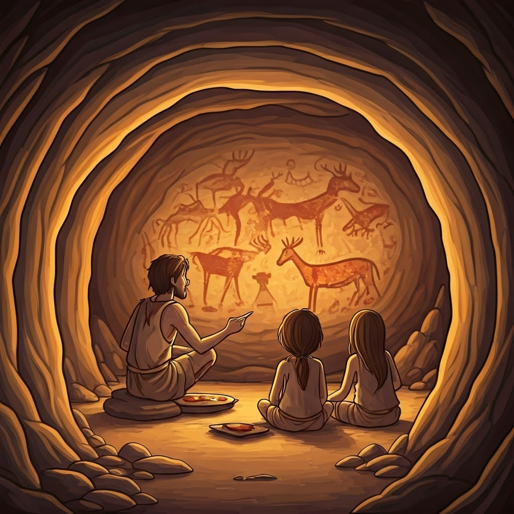 A cave artist teaches a group while mixing pigments on a flat rock