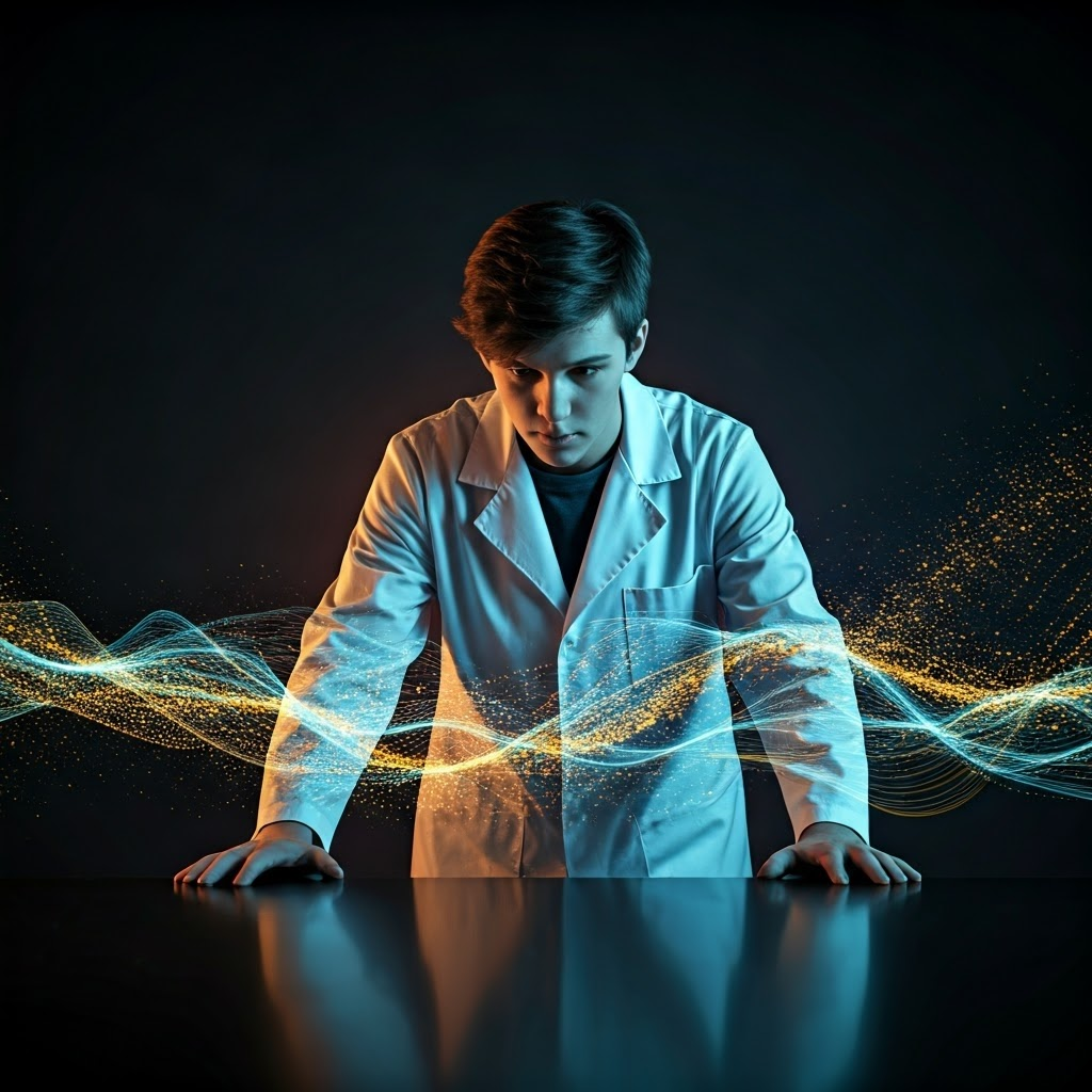 A young scientist studies glowing photon streams on a glass table, symbolizing the dual nature of light in a moody, futuristic lab scene