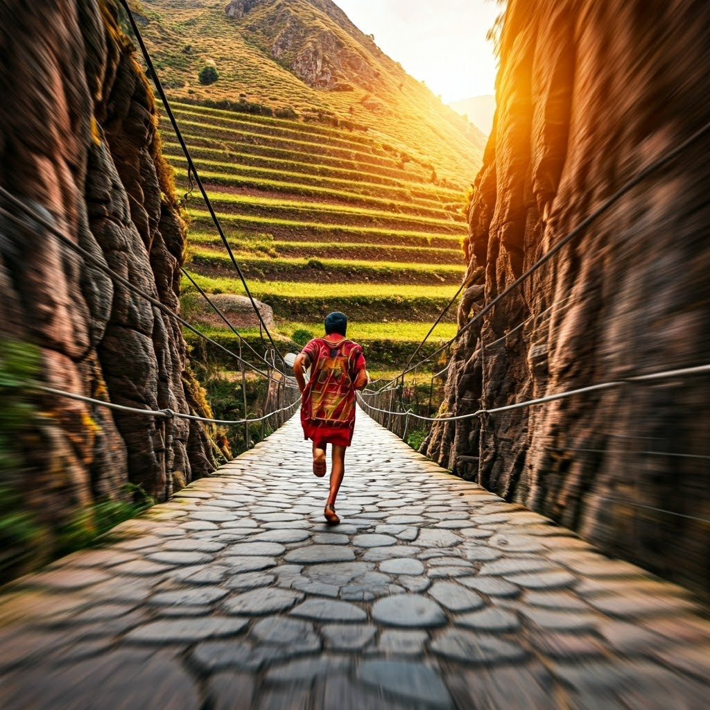 Inca runners sprinting along mountain paths at dawn, succeeding without wheeled vehicles.
