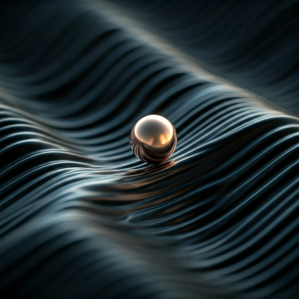 A metallic sphere rides a translucent energy wave through darkness, captured in extreme close-up