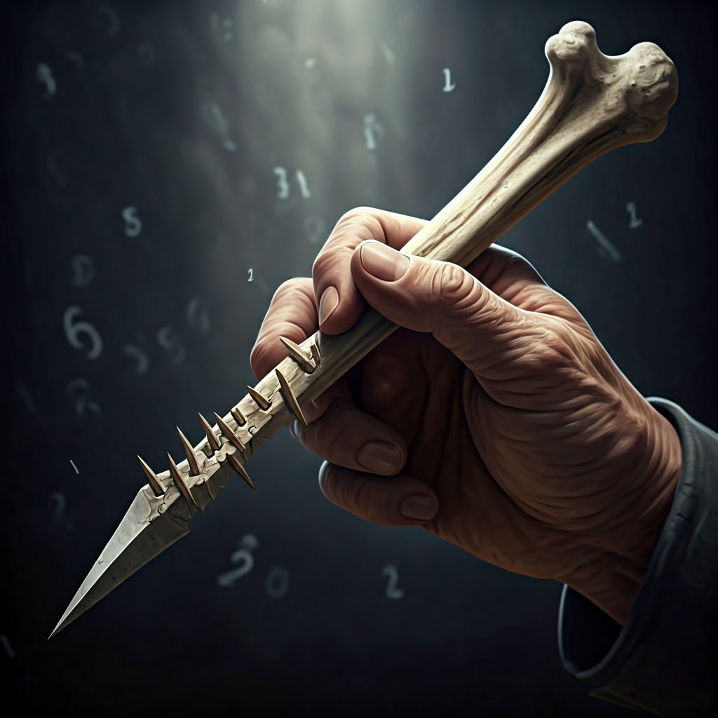 Weathered hand holding bone tally stick with carved notches, symbolizing ancient counting methods.