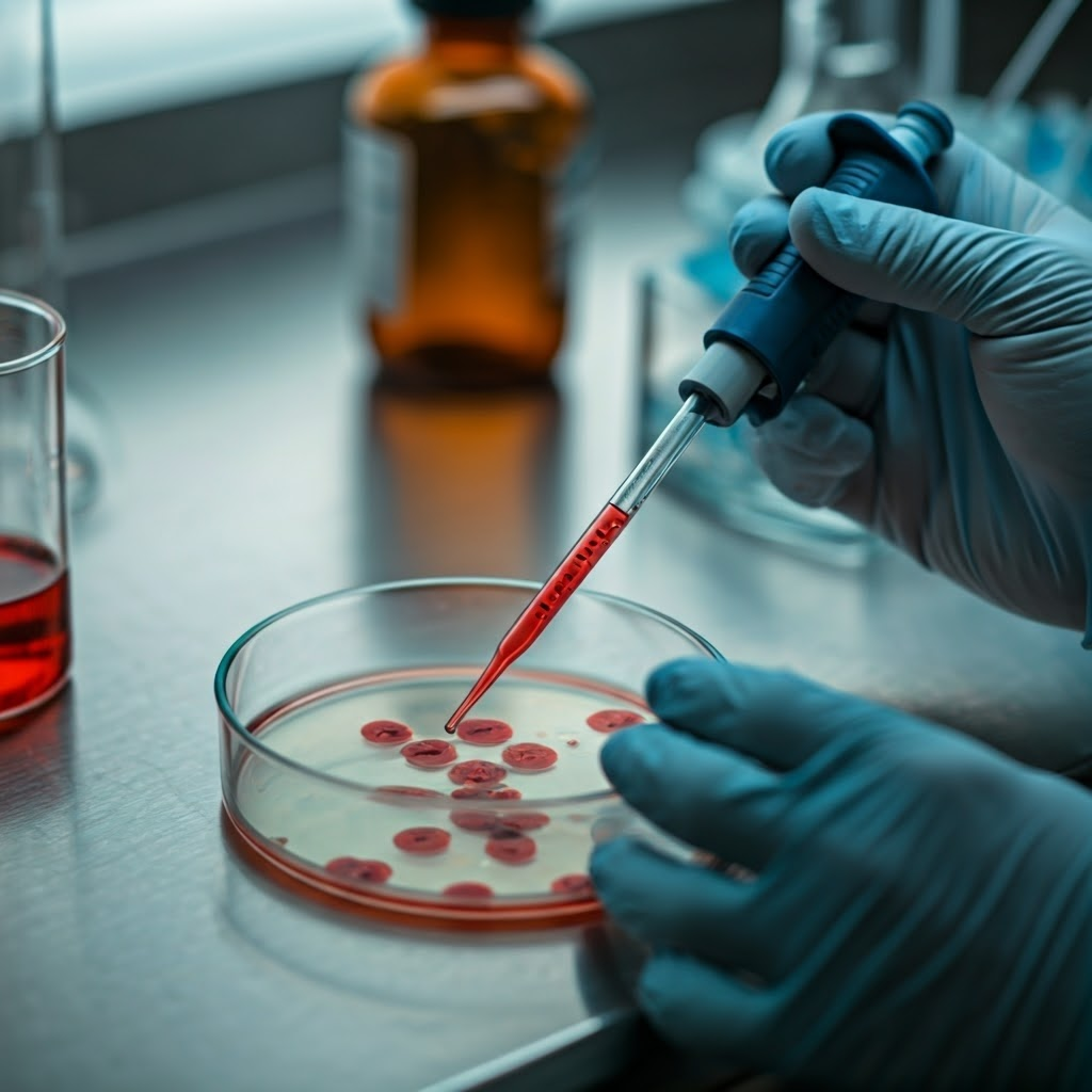 Close-up of a pipette over a petri dish of blood stem cells glowing under lab lights, showing precise ex vivo work
