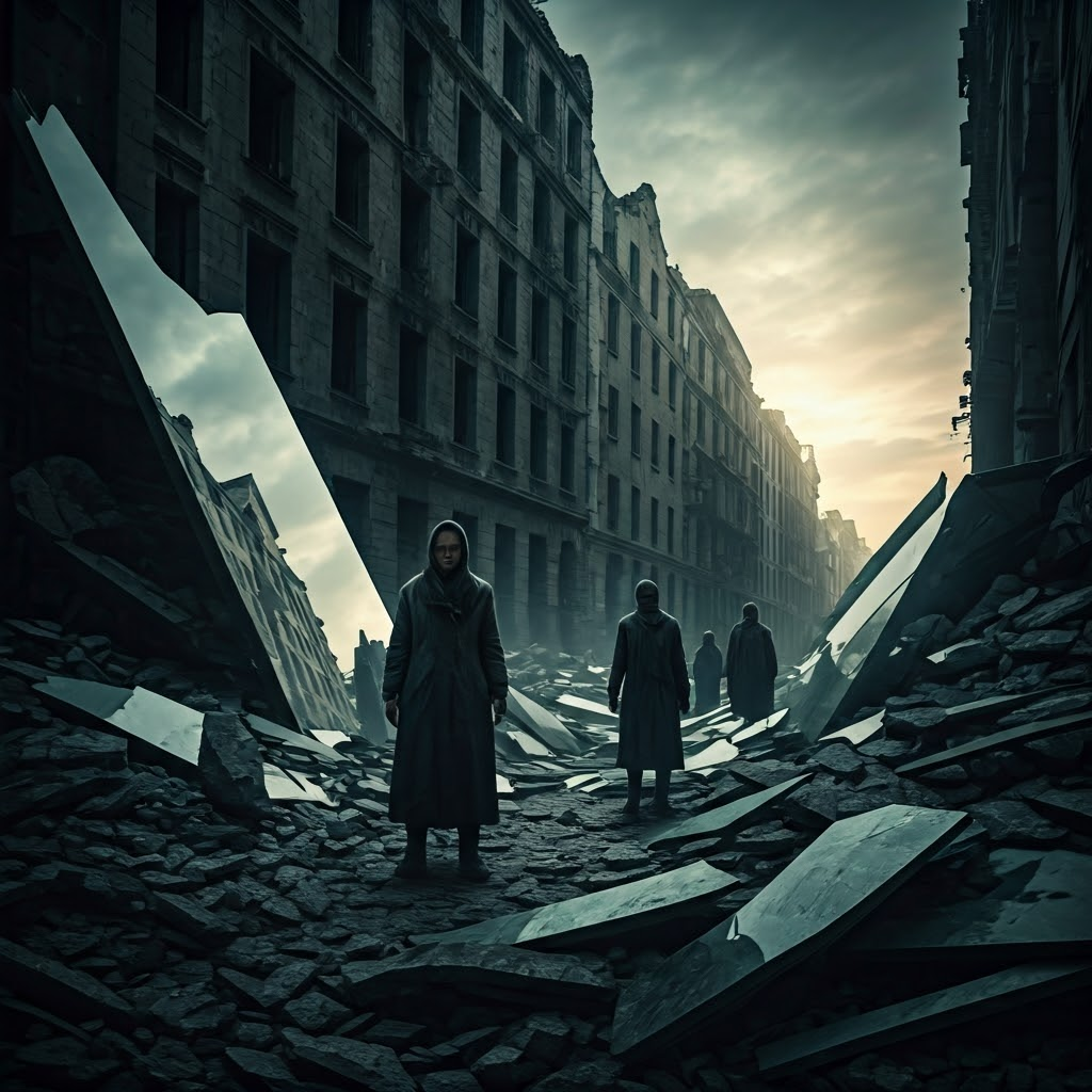 Photorealistic mural of a bombed European city at dawn—shattered buildings mirrored in broken glass while survivors stand among rubble, holding on to fragile hope.