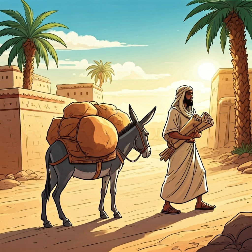 Playful watercolor of a donkey burdened with clay tablets beside a merchant strolling with light papyrus scrolls, contrasting heavy and light media.