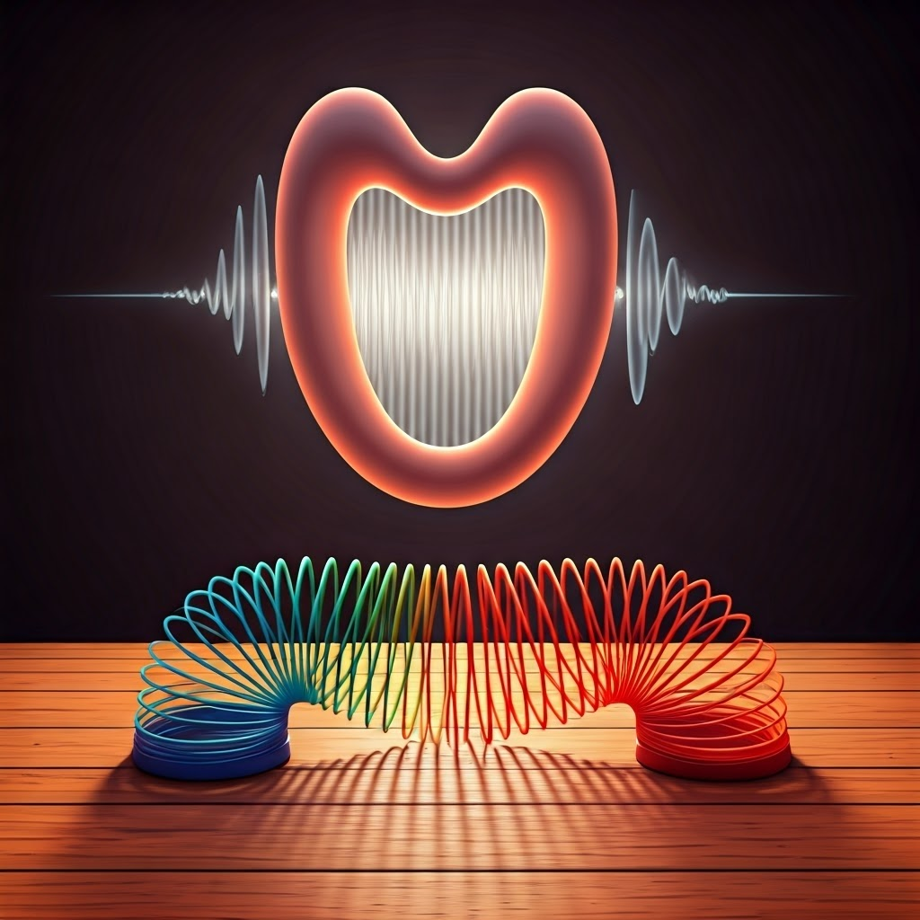 Slinky showing compression moving along its coils, paired with vocal cords sending pressure ripples through air.
