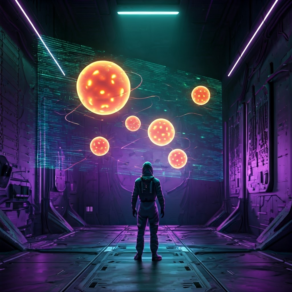 Futuristic lab scene shows a scientist studying holographic single cells surrounded by neon data streams, illustrating advanced genomics research.