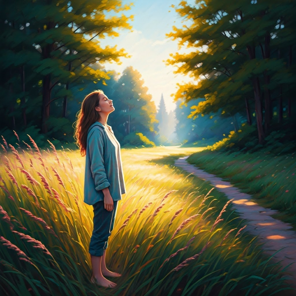 Pastel drawing of person breathing deeply in sunlit meadow, illustrating calm parasympathetic action.