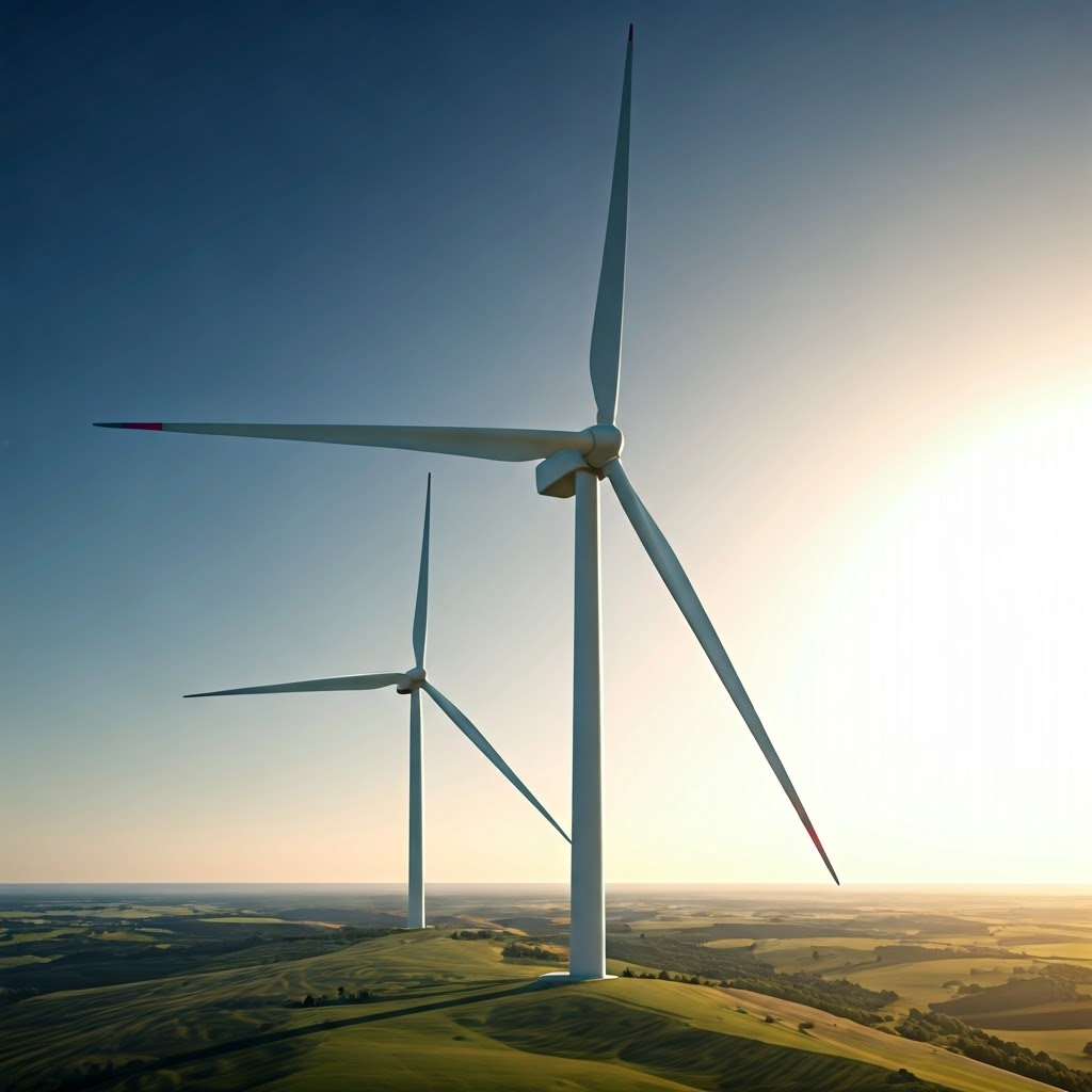 Turbine blades longer than a football field glinting in sunlight.