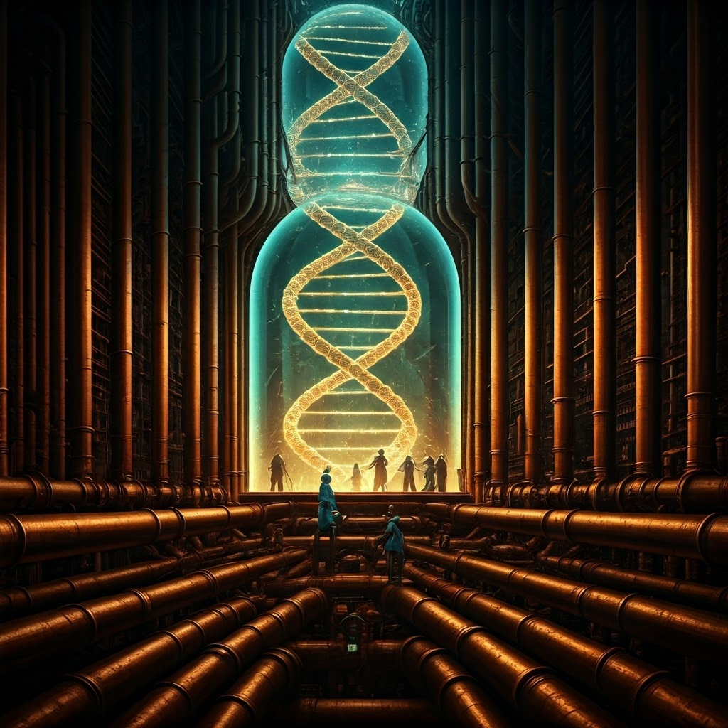 A glowing steampunk cityscape where bronze pipes converge into a bright double helix, symbolizing DNA powering a futuristic metropolis.