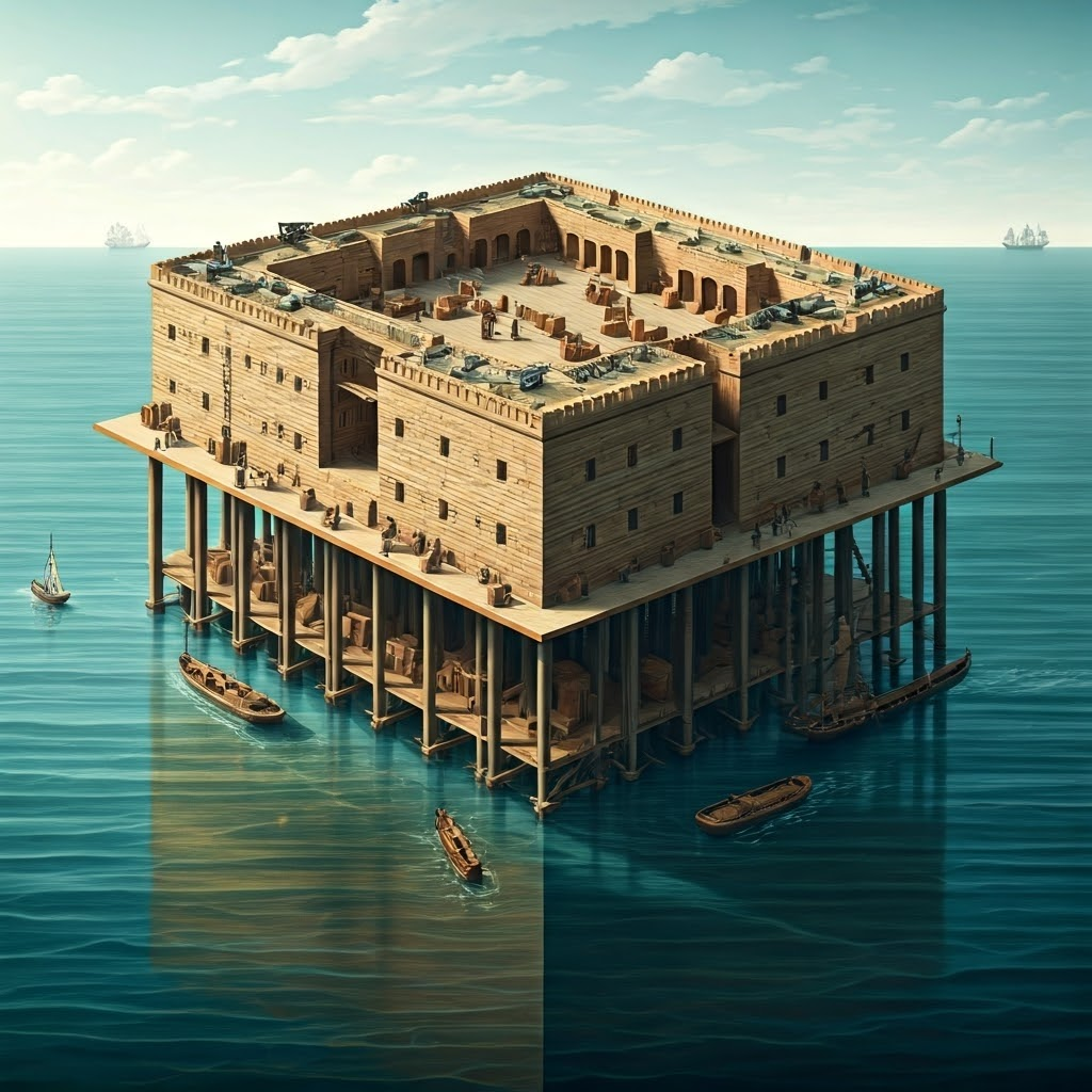 Cutaway model of a coastal fortress-factory showing cargo unloading and cannons on battlements