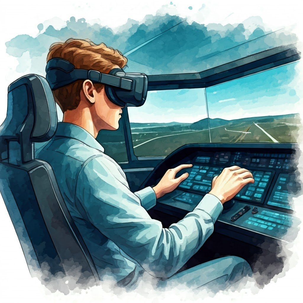Person in VR flight simulator reaches cockpit controls within easy range.