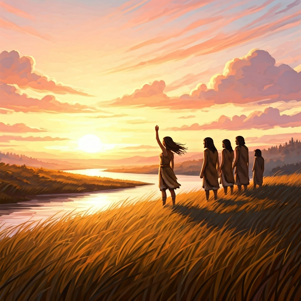 Early humans greet dawn on a windswept plain, honoring a river that glows under a pink-orange sky, capturing the idea that nature feels alive