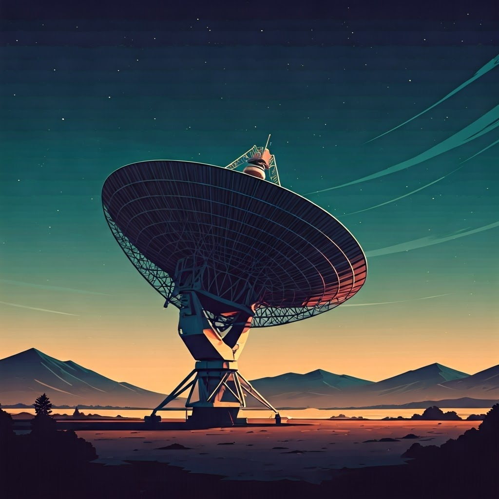 Large radio telescope dish under starry sky receives long red and blue radio waves