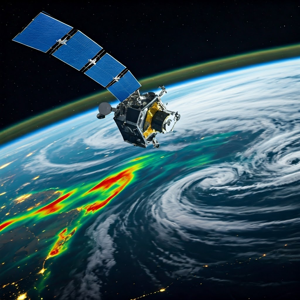 Satellite view of Earth at night with a high-tech satellite collecting global climate data.