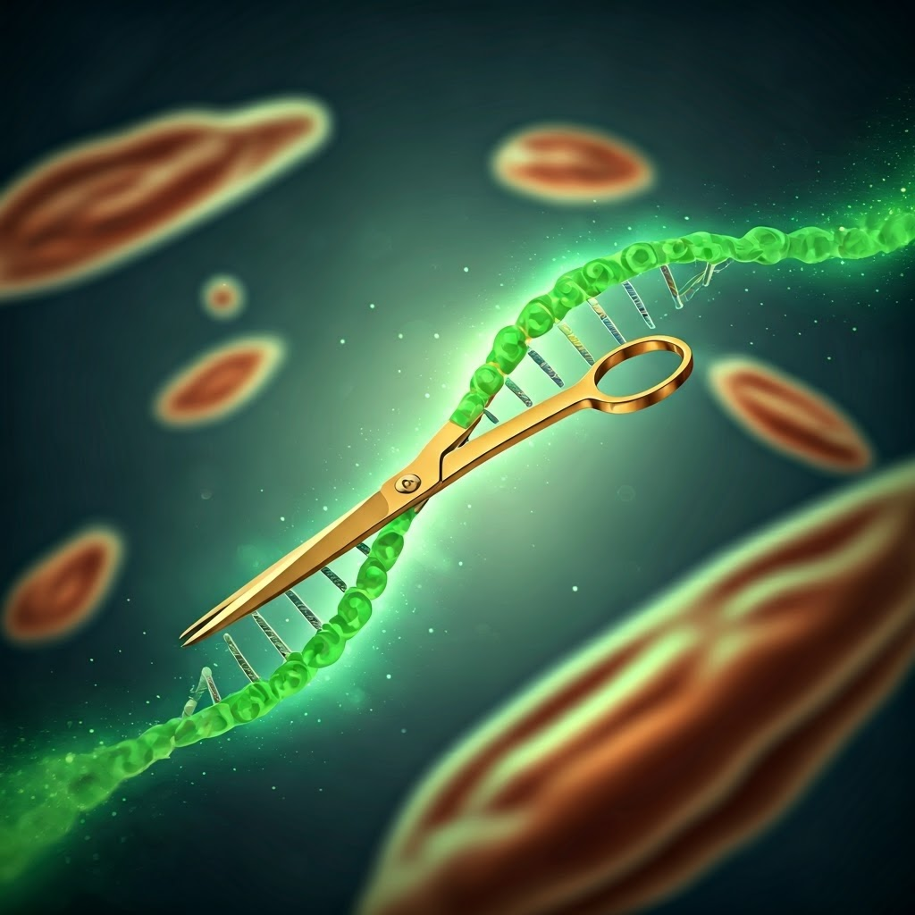 Golden molecular scissors inside a cell precisely cutting a glowing green DNA strand, illustrating CRISPR accuracy