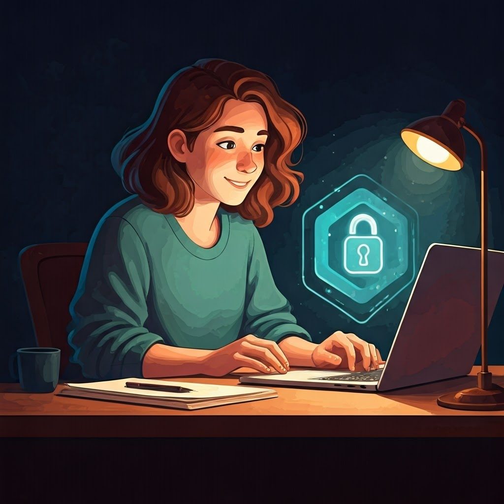 Person at a cozy desk smiles at a laptop with a glowing padlock above the screen, showing peace of mind online