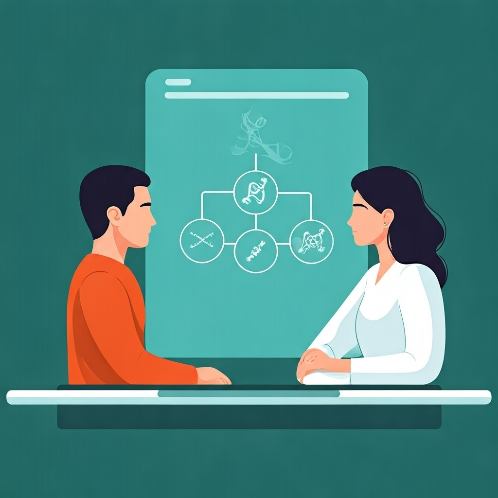 Counselor and patient review a touchscreen decision tree, illustrating guided discussions on genetic choices.