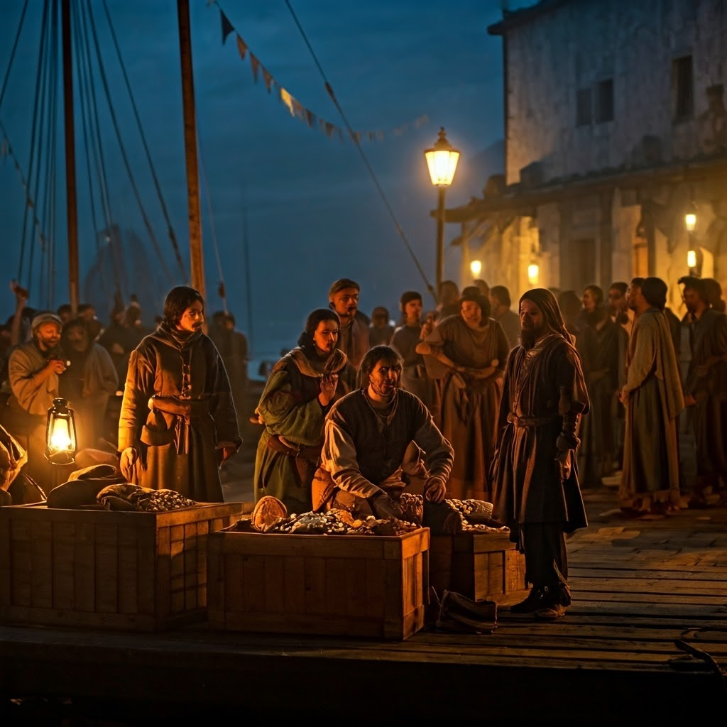 Weary Portuguese sailors return at dawn to a cheering harbor, their crates overflowing with cinnamon, pepper, and gold