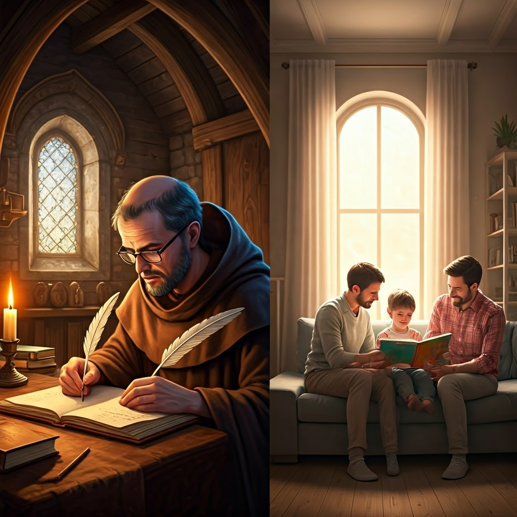 Two eras meet: a candle-lit medieval scriptorium blends into a bright modern living room, showing how reading spaces changed across centuries.