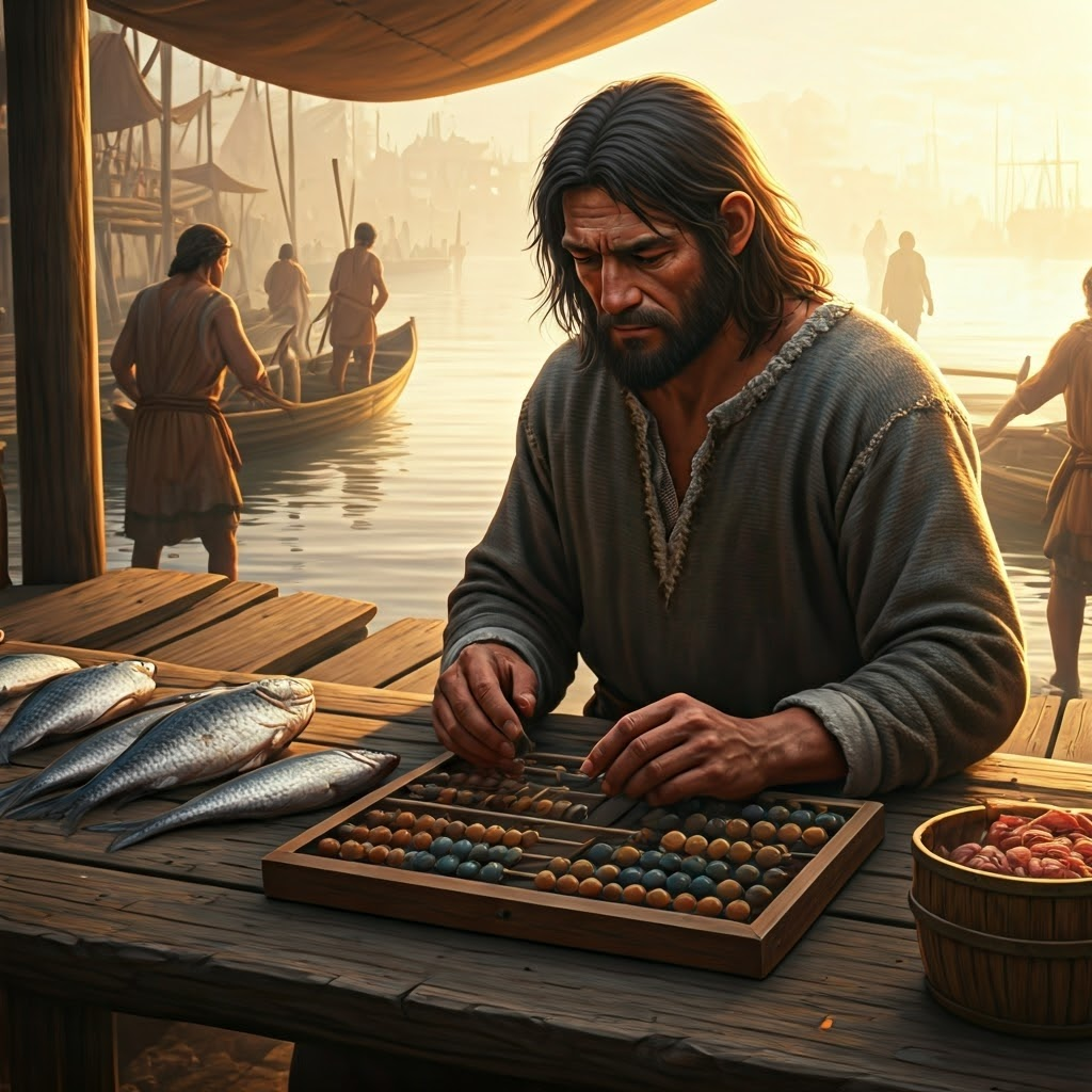 Ancient riverside market at dawn—fishermen display fresh catches while a merchant counts with a simple wooden abacus.