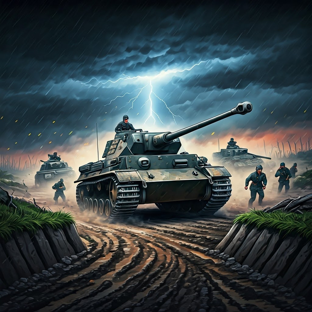 German WWII tanks charge through muddy trenches under stormy dawn skies, capturing the speed and tension of a lightning-fast assault.