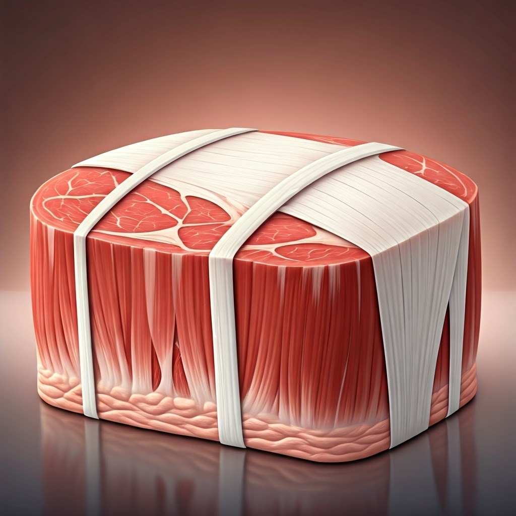 Scientific slice of steak showing tough white elastin fibers