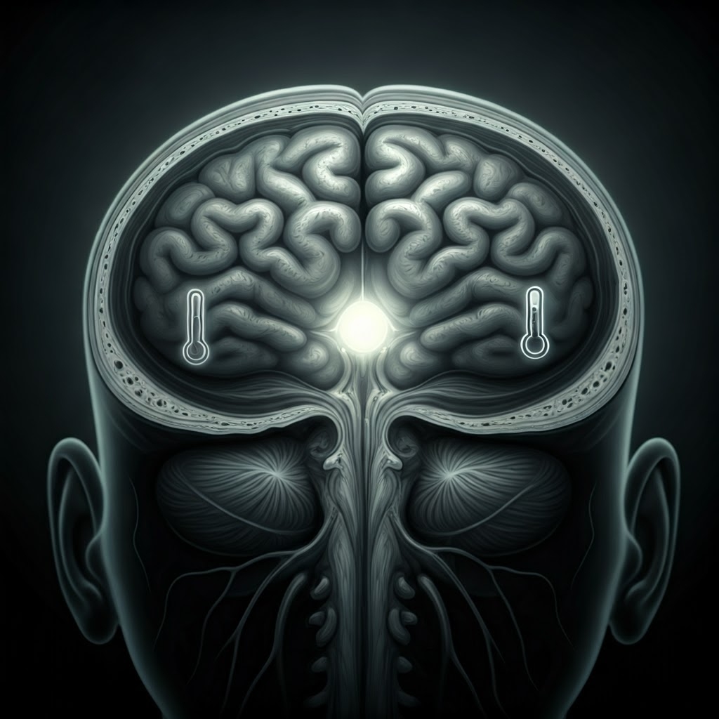 Hyperrealistic pencil sketch of brain cross-section highlighting the tiny hypothalamus that controls hunger, thirst, and temperature.