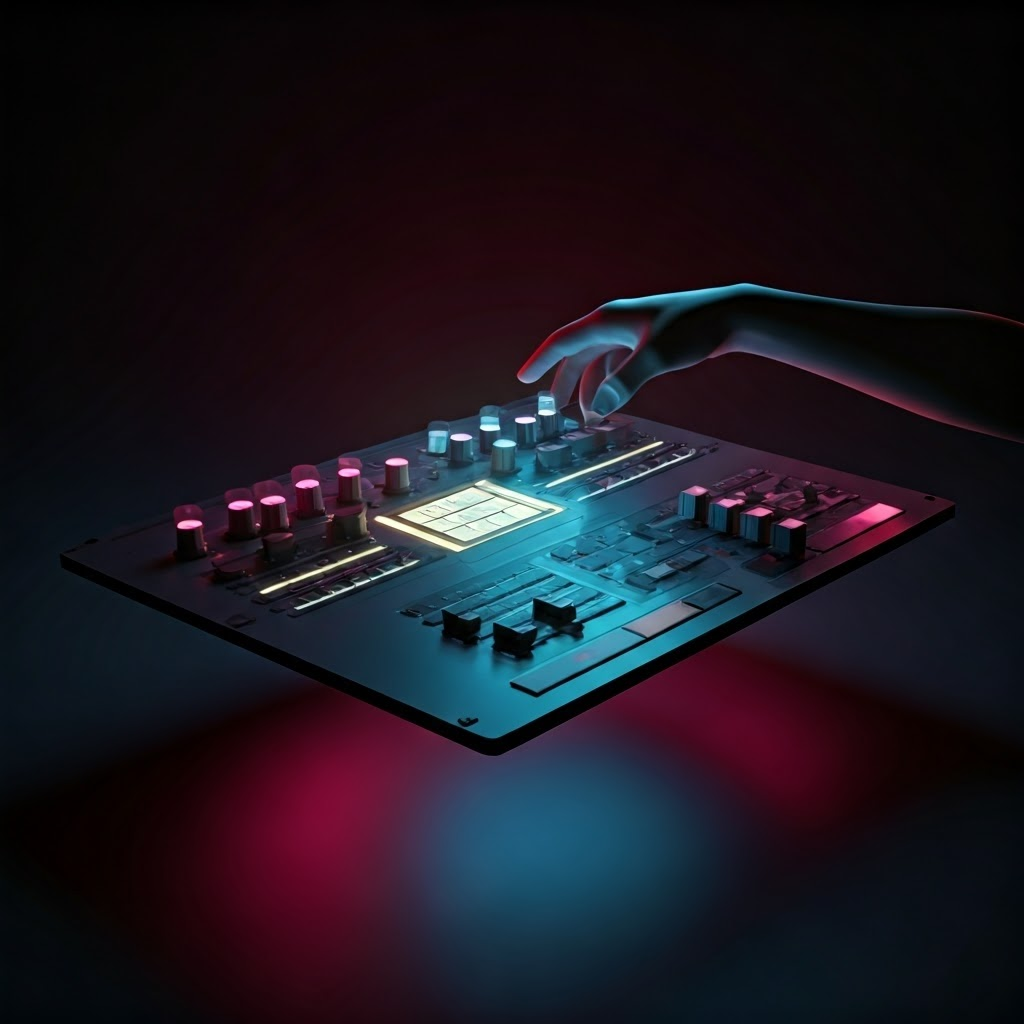 Neon beams show how red, green, and blue lights blend to create new colors on a futuristic control panel