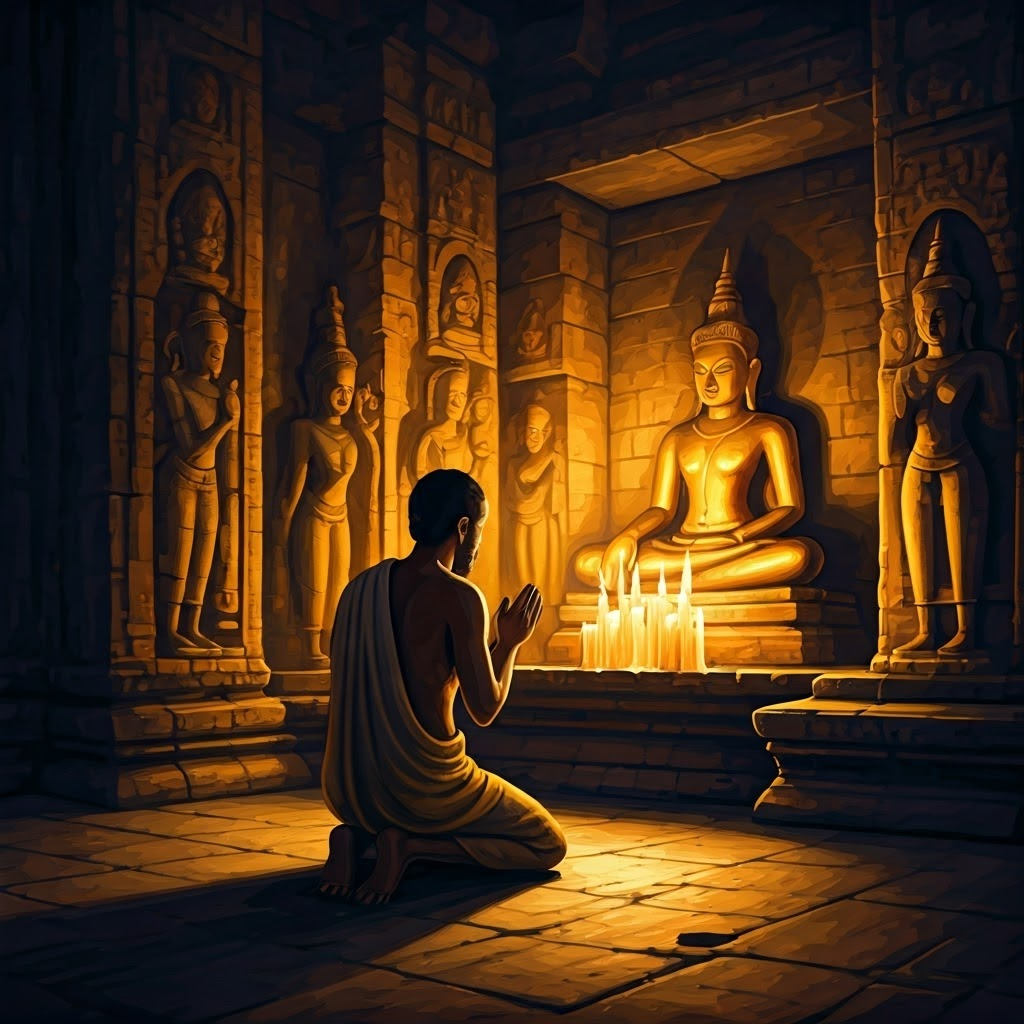 A lone worshipper prays before one glowing statue while other deity carvings fade, showing focused devotion