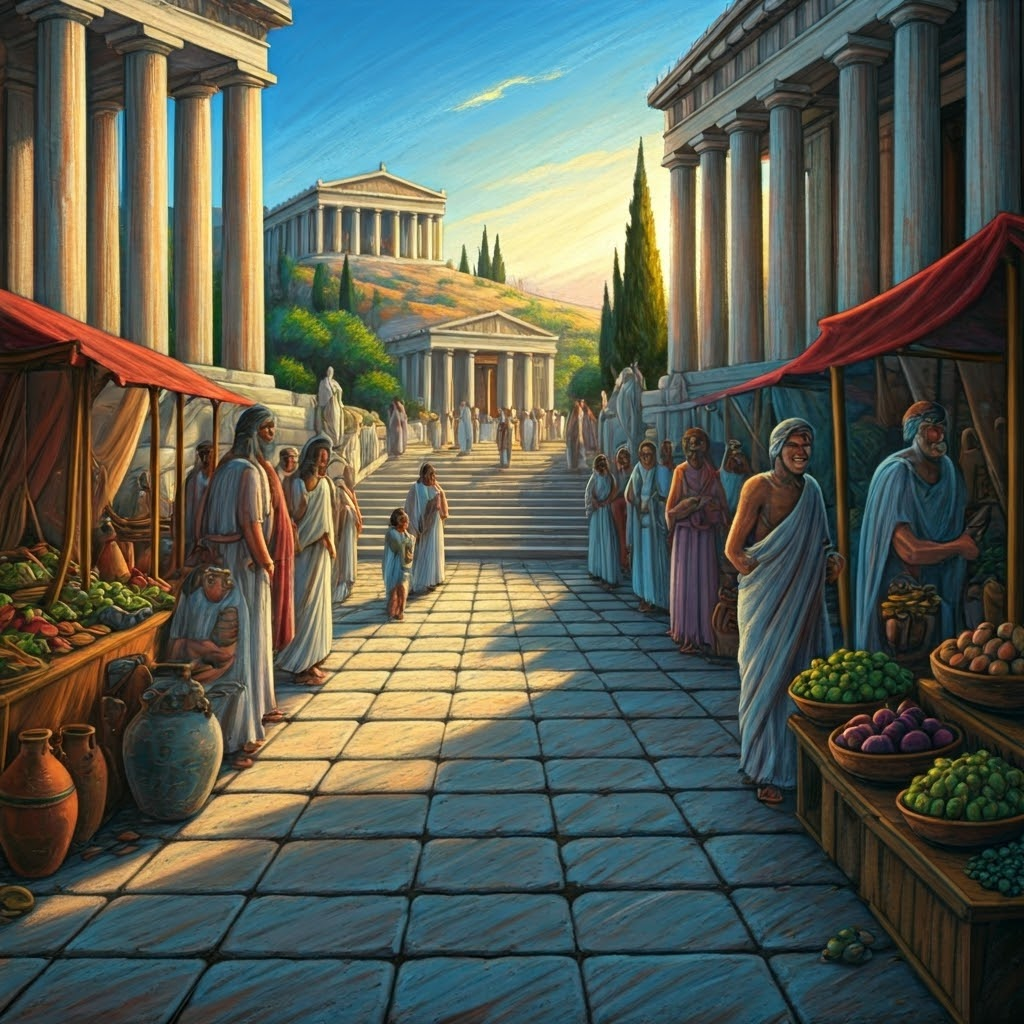 Villagers building walls on a central hill, showing synoecism in action