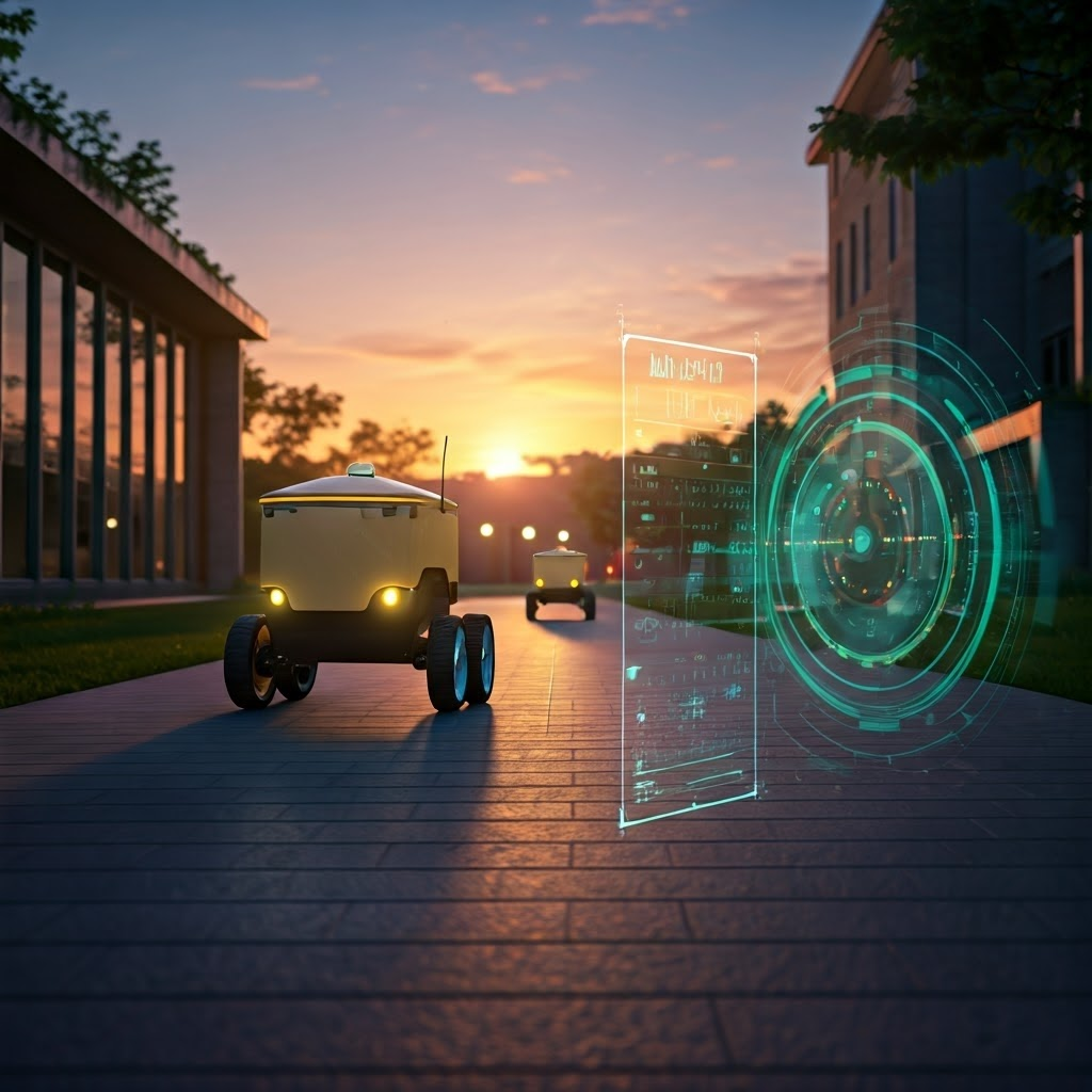 Campus delivery robot wheel encoder highlighted beside holographic IMU data at sunset walkway