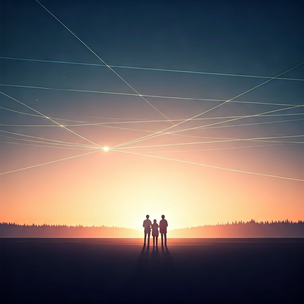 Silhouettes of diverse people at dawn gazing toward a hopeful horizon, glowing threads of stories weaving among them