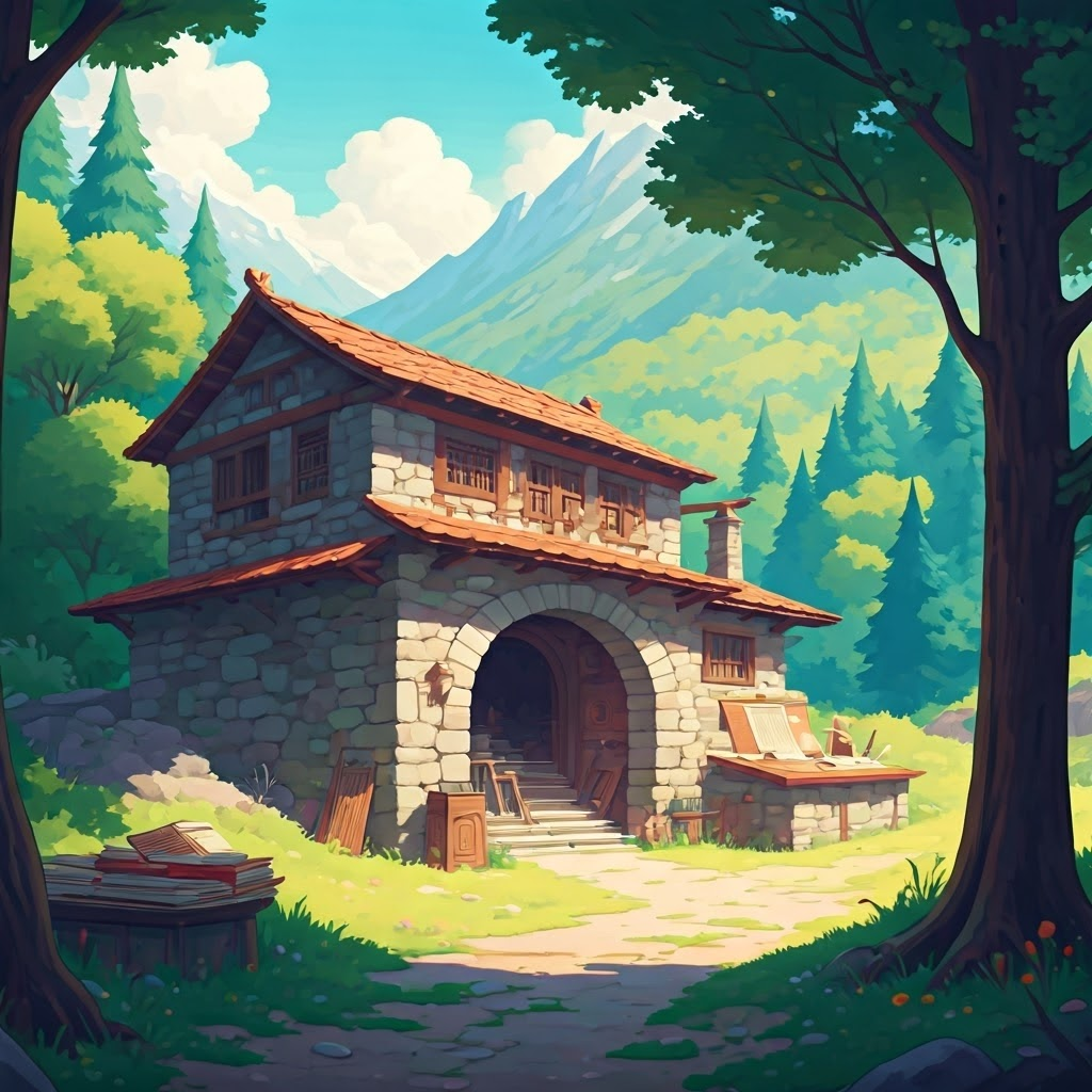 A secluded monastery in tranquil mountains with a monk copying texts. Soft, pastel colors evoke calm and stability.