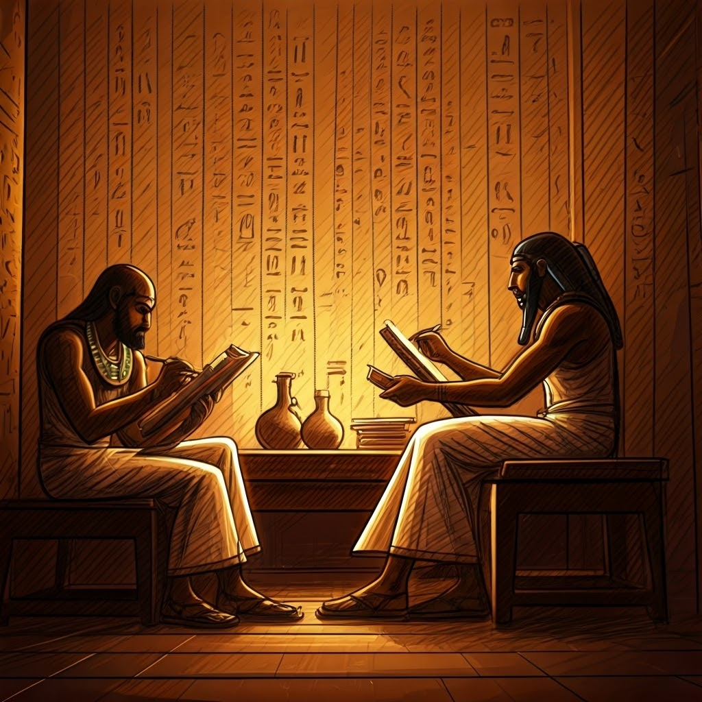 Ancient Egyptian medical setting with physicians recording observations on papyrus