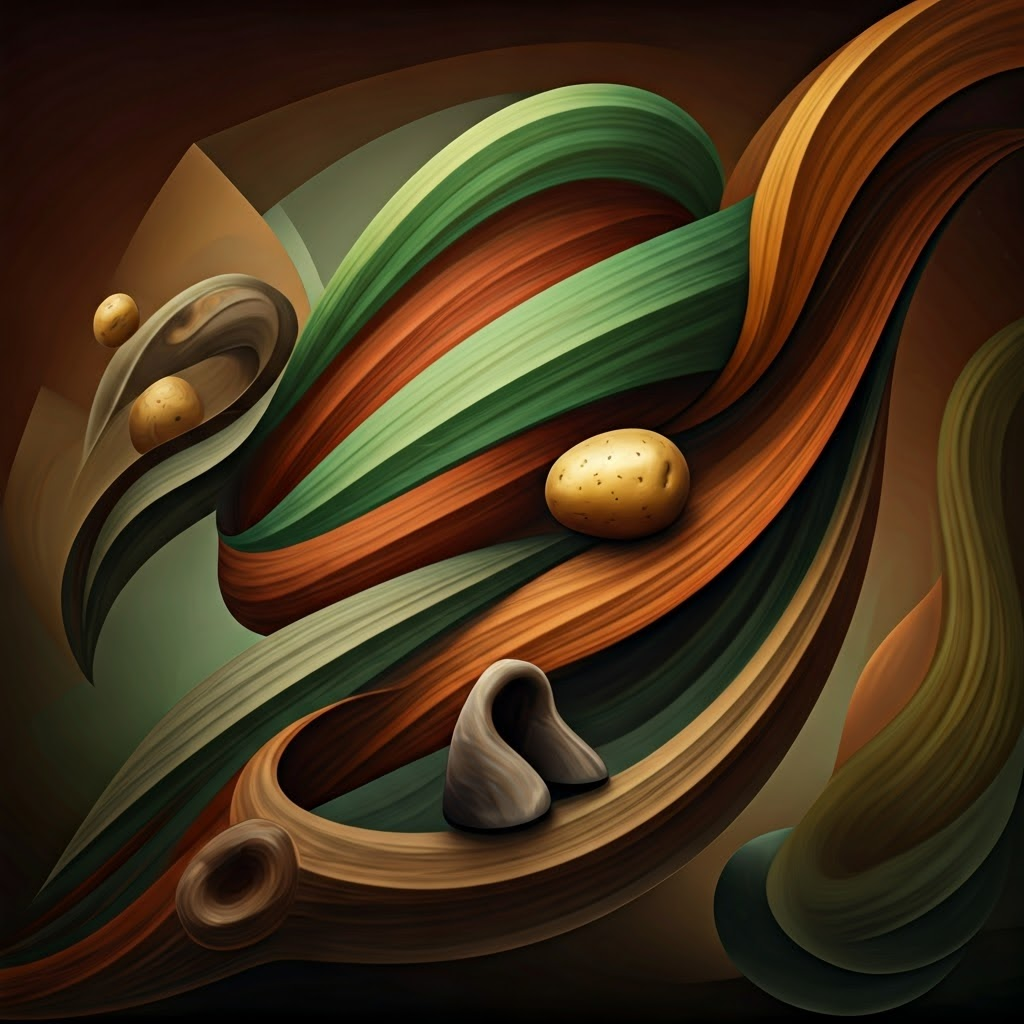 Abstract ribbons entwining icons of a potato, horse hoof, and backyard fence symbolizing ongoing exchange