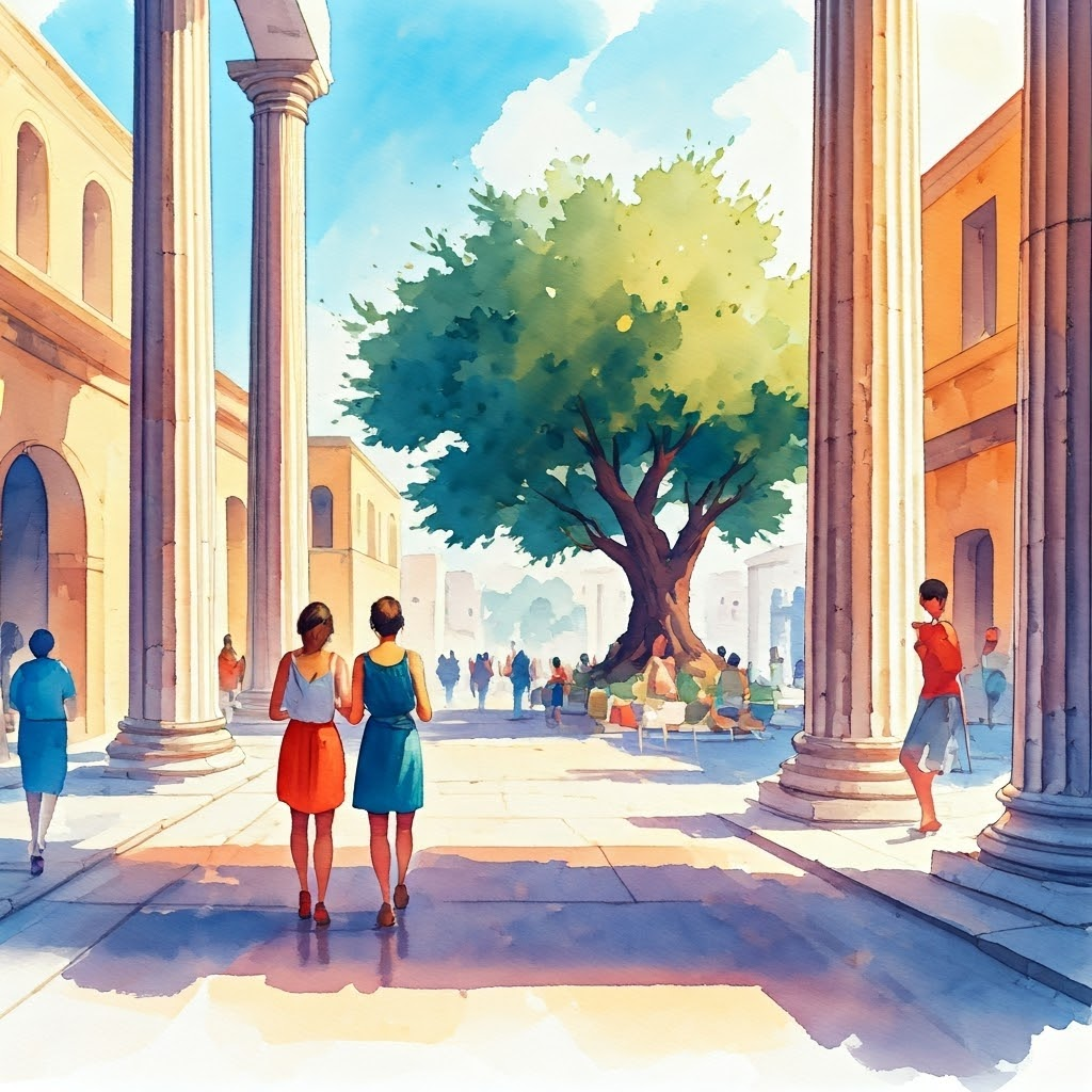 Vivid watercolor of modern life with faint classical elements.