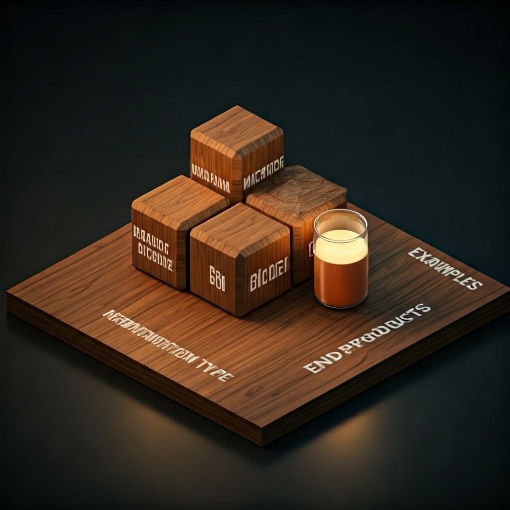 Isometric infographic blocks detailing fermentation type, microbe, end products, and examples
