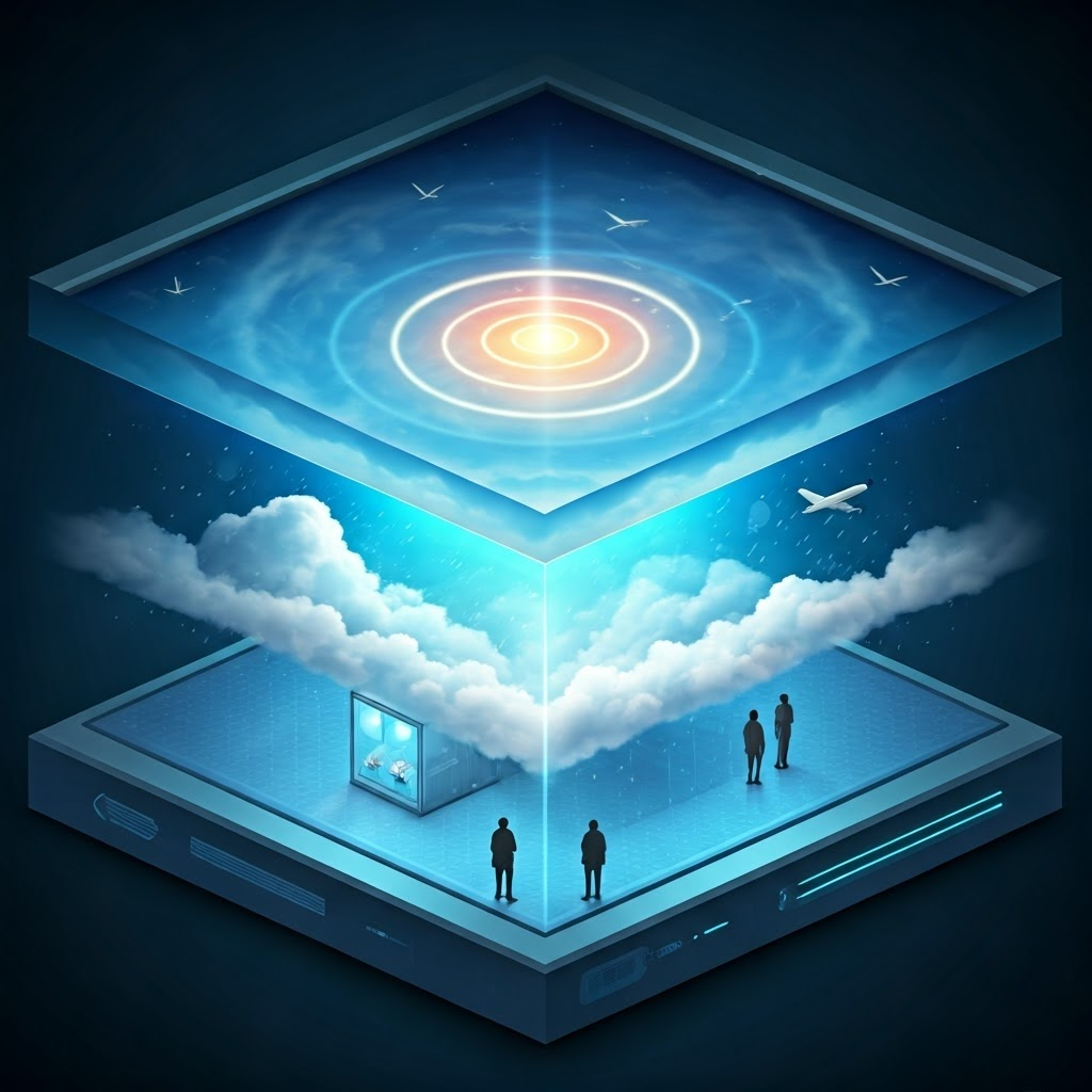 Cutaway elevator ascending through troposphere and stratosphere, highlighting weather clouds and the glowing ozone band; shows first two layers.