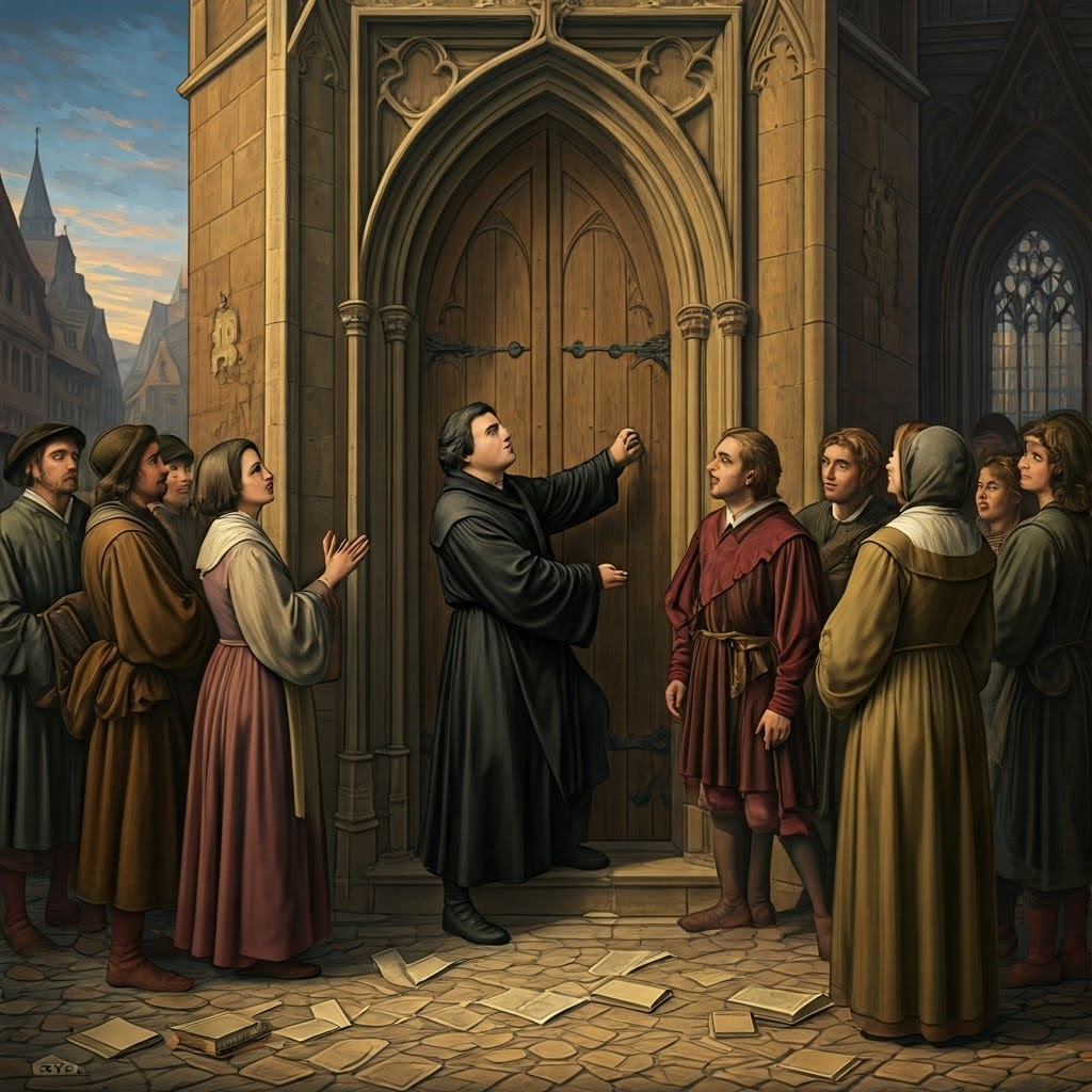 Martin Luther nails his 95 Theses to a chapel door at dawn, drawing a shocked crowd and launching the Reformation.