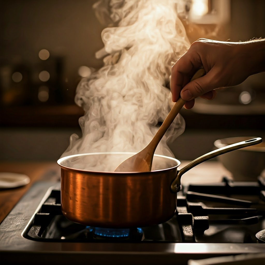 Chef stirring clear sugar syrup in copper pan to show sugar dissolving process.