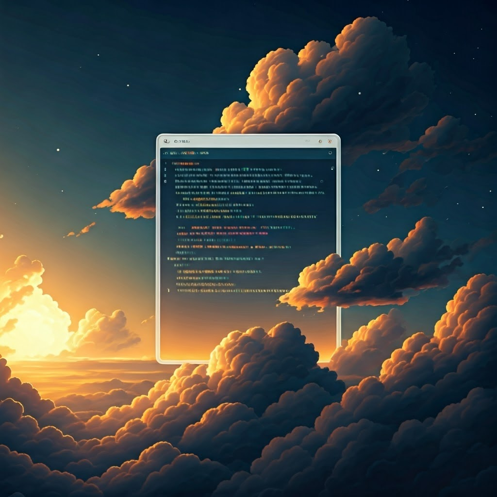 Command-line window floats among clouds, glowing arguments connect like constellations in a calm digital sky.