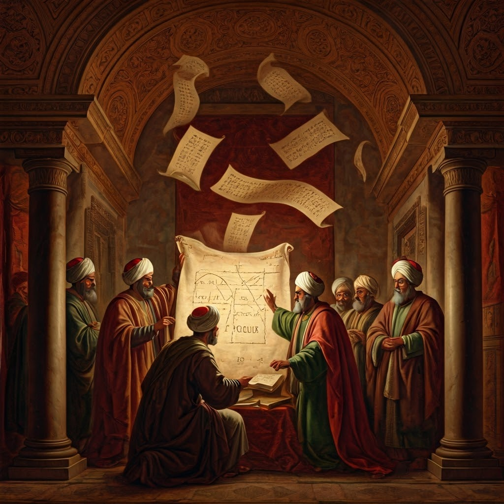 Dramatic scene of Baghdad scholars rejoicing over rediscovered Euclid manuscript, representing the thrill of new knowledge