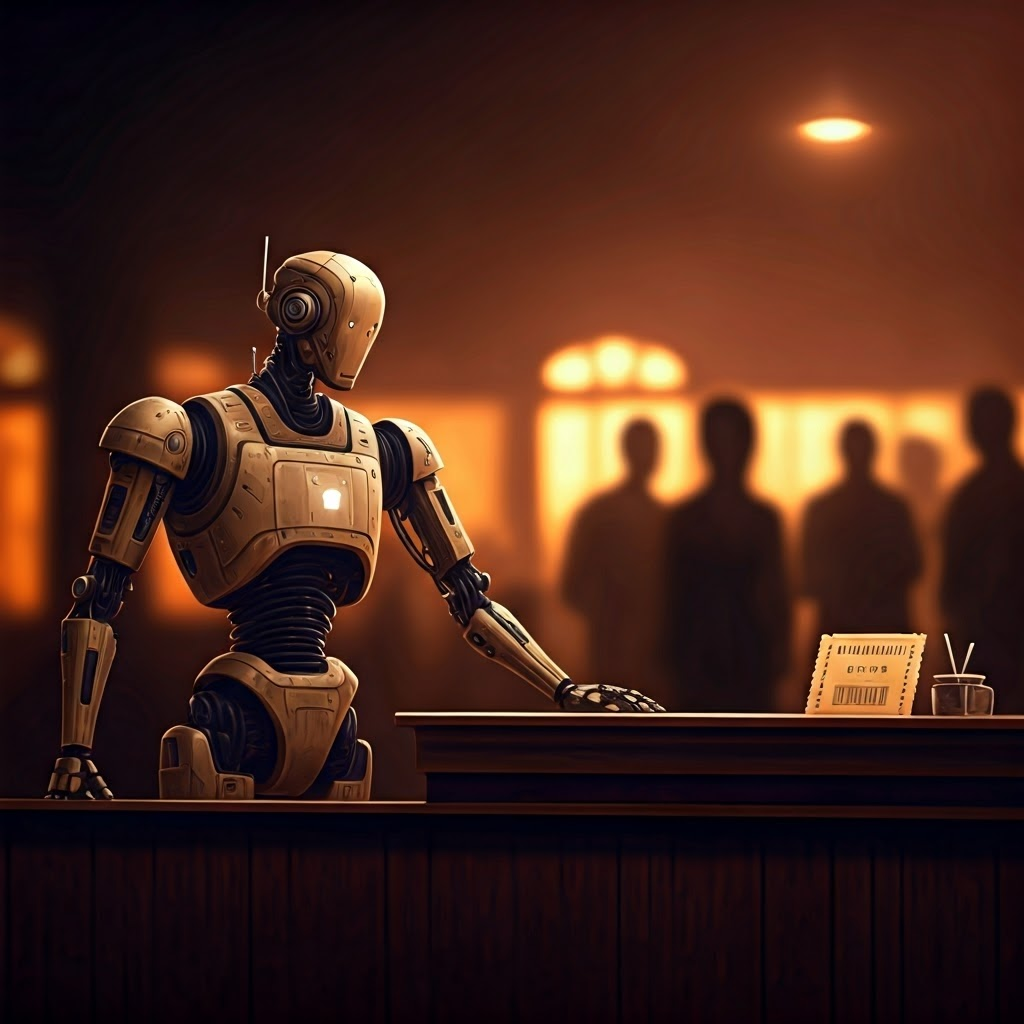 Robot manager at a café front desk monitoring guest tickets, symbolizing request handling