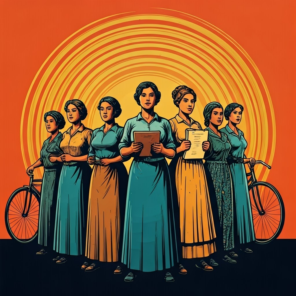 A diverse group of women hold tools, patents, bloomers, and bicycle wheels, their united stance radiating waves of social change.