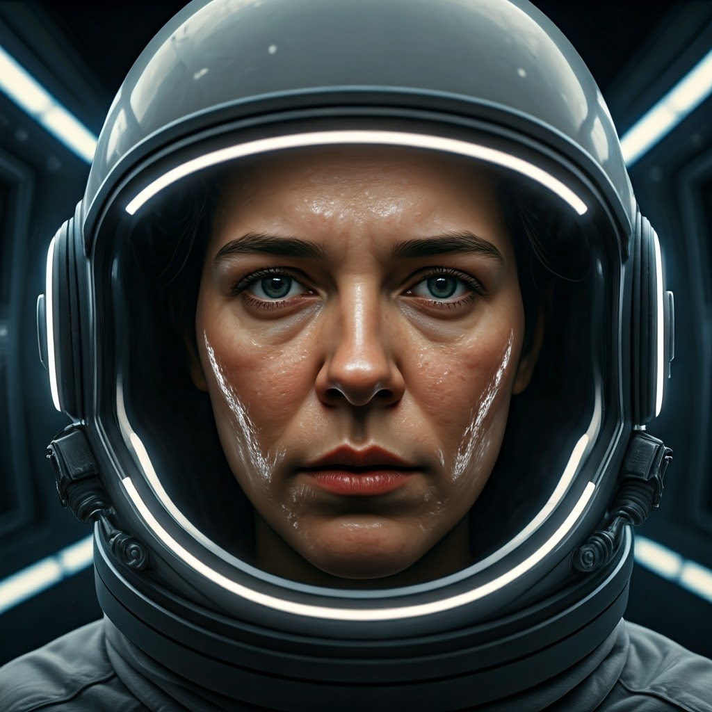 A close-up helmet view shows fluids pooling in an astronaut’s cheeks, highlighting facial puffiness