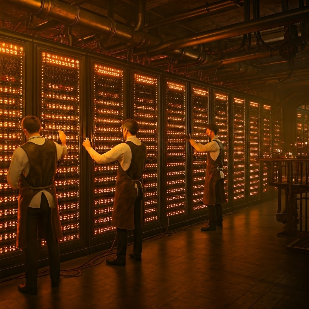 Massive 1940s computer room where glowing vacuum tubes form an industrial cityscape.