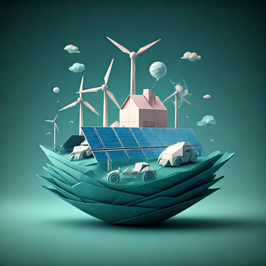 Origami scene unfolding into solar panels wind turbines EVs and homes—captures innovation and hope in clean tech