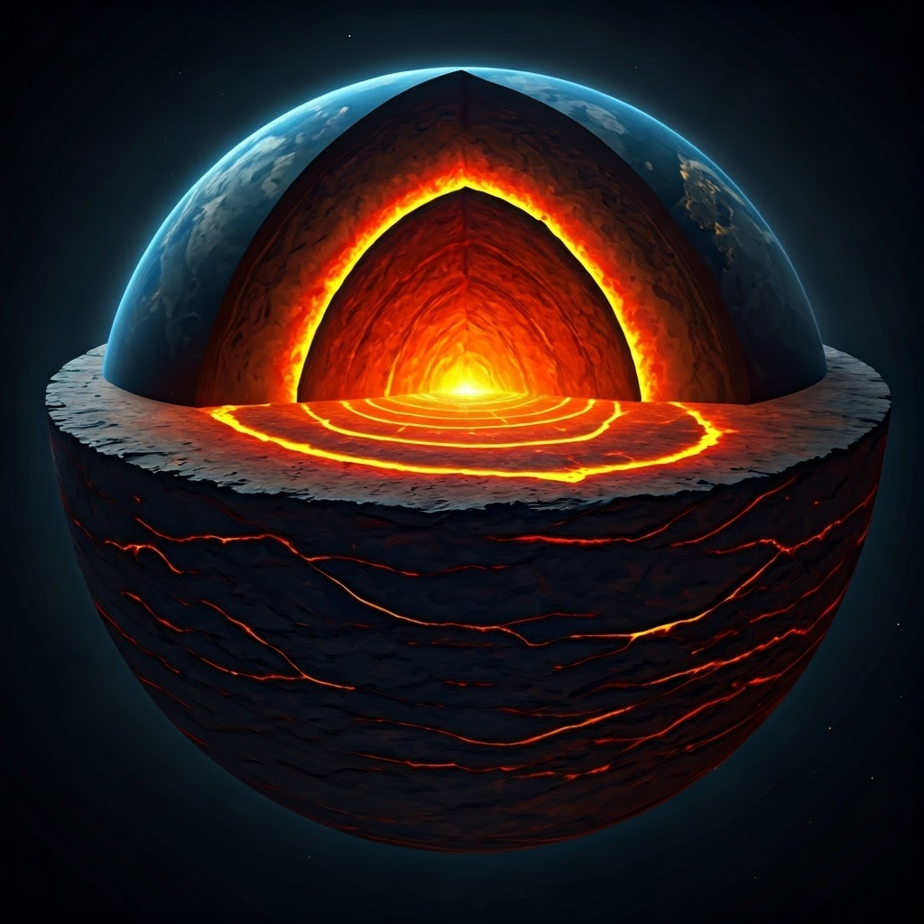 Cutaway render displays Earth’s crust above a glowing mantle with swirling convection currents, emphasizing internal heat flow.