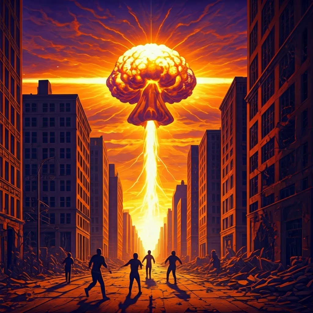 City skyline engulfed by the flash of an atomic blast, buildings crumbling